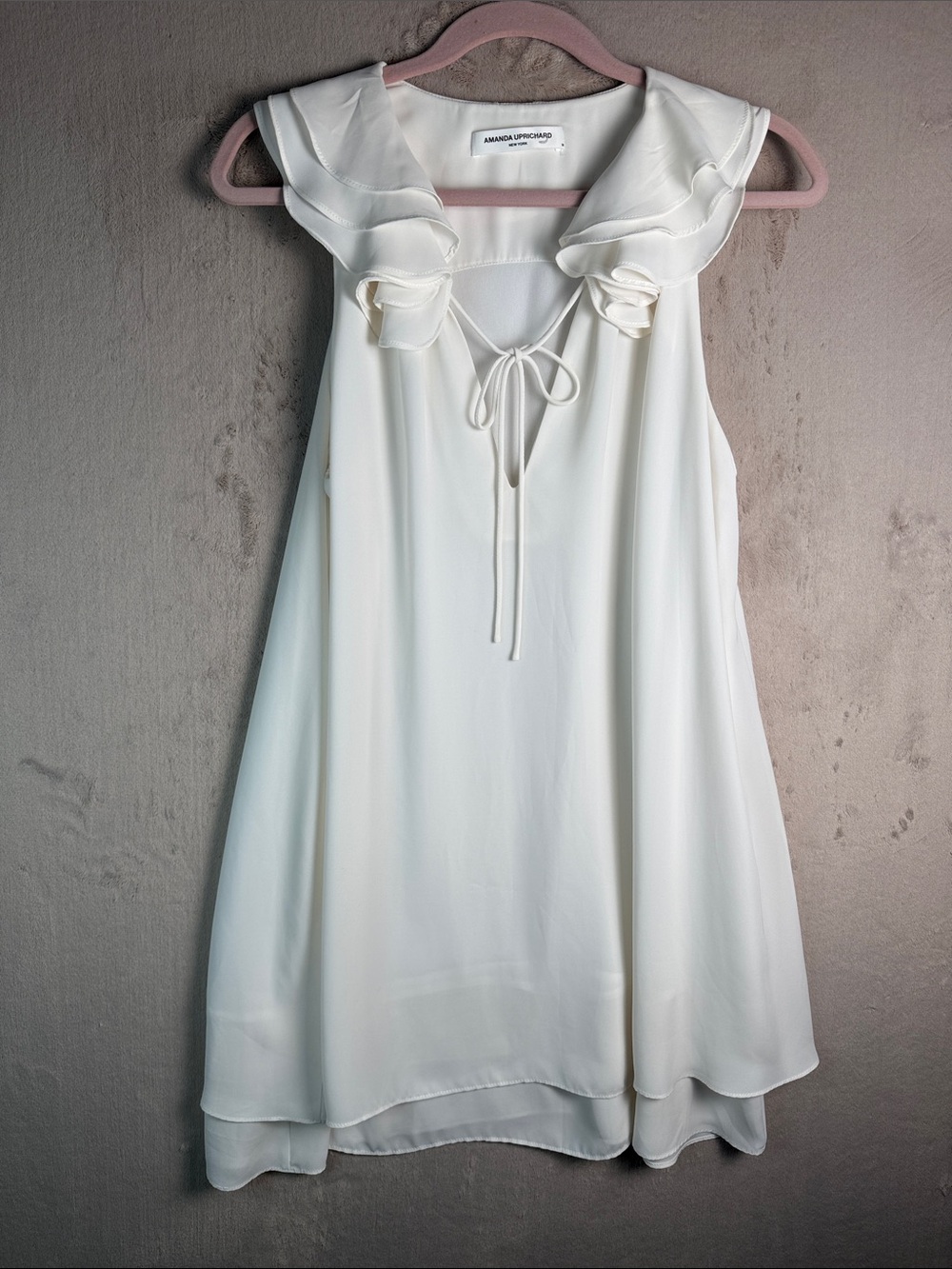 Amanda Uprichard Ivory Ruffle Poet Tie Neck Shift Dress Layered Hem Size M
